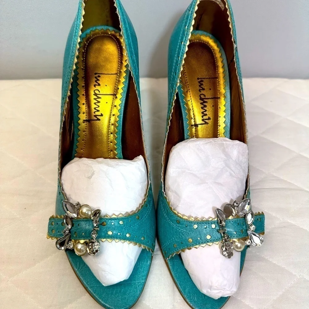 Lnicling Womens Size 6 High Heels Shoes Open Peep Toe Gold Trim Beaded Side Deco